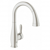 Смеситель для кухни однорычажный GROHE Parkfield с выдвижной лейкой, C-образный излив, суперсталь (30215DC1) — фото, характеристики, купить в NOJABRSK-CLIMBO