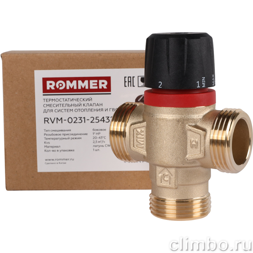 Термостатический смесительный клапан для систем отопления и ГВС ROMMER 1 НР 20-43°С KV 2,5 (боковое смешивание) — фото, детали конструкции