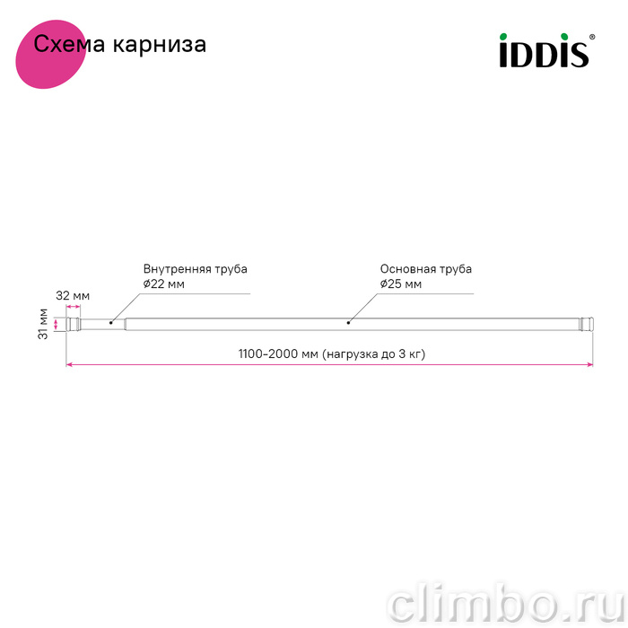 Карниз для ванной комнаты, 110-200 см, белый, IDDIS, SRW0120i14 — фото, детали конструкции