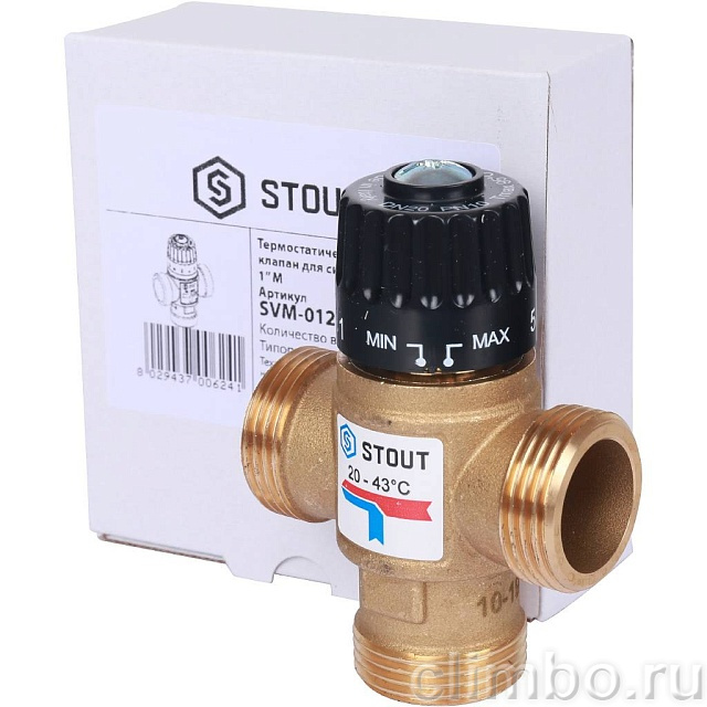Термостатический смесительный клапан для систем отопления и ГВС STOUT G 1” M, 20-43°С KV 2,5 м3/ч — фото, детали конструкции