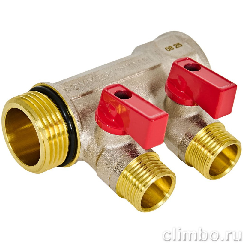 Коллектор распределительный ROMMER RMB-0008CF с шаровыми кранами 1, 2 отвода 1/2, под компрессионный фитинг для полимерных труб (красные ручки, синие в комплекте) — фото, детали конструкции